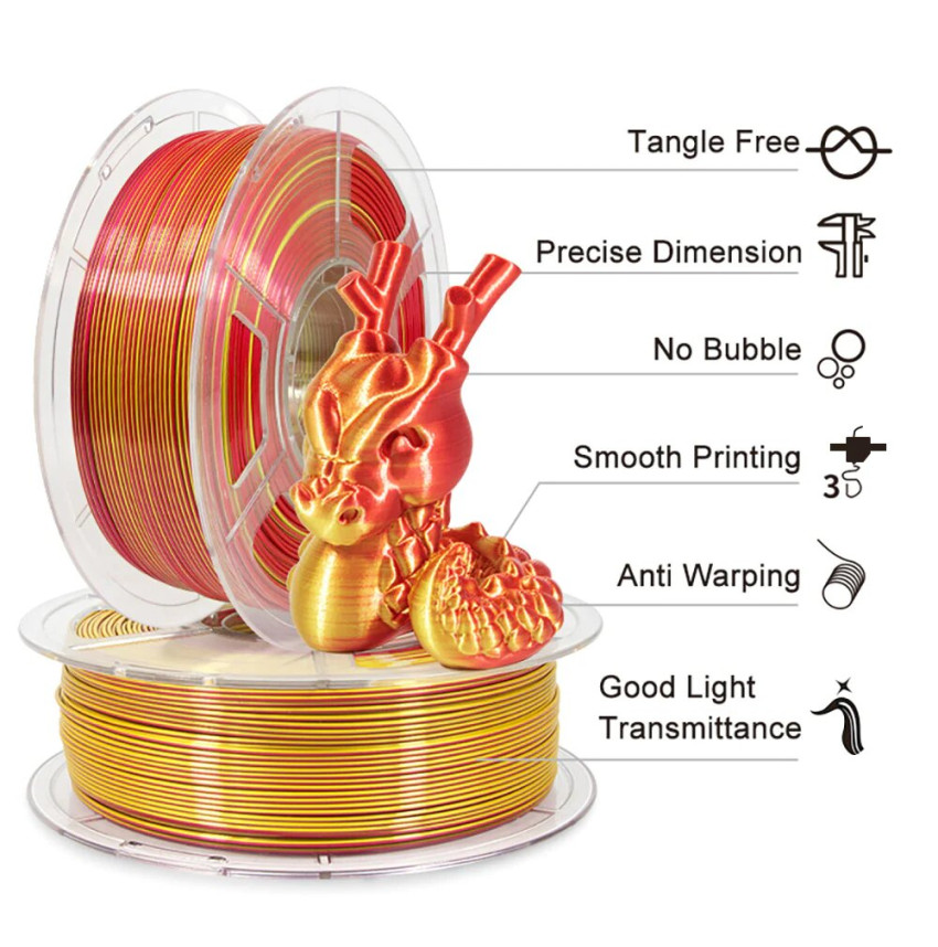 Filament Bicolore Silk PLA de chez Mingda pour imprimantes 3D FDM en Rouge et Or Brillant