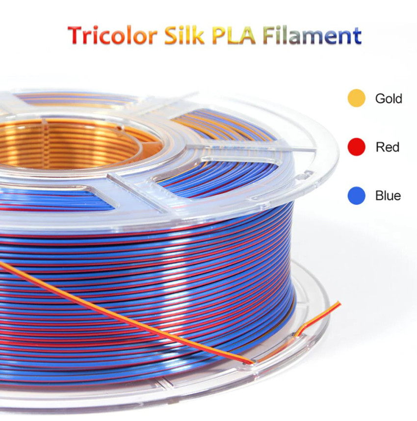 Une vue rapprochée du Filament 3D PLA Silk Tricolore Rouge/Or/Bleu Mingda, idéal pour l'impression 3D créative.