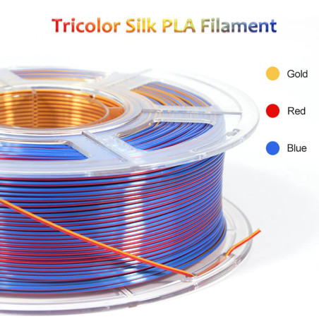 Les couleurs riches et éclatantes du Filament 3D PLA Silk Tricolore Rouge/Or/Bleu Mingda en action.