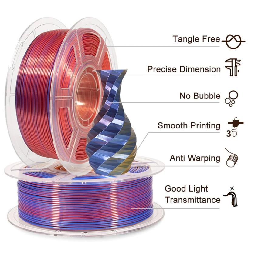 Une vue rapprochée du Filament 3D PLA Silk Tricolore Rouge/Or/Bleu Mingda, idéal pour l'impression 3D créative.