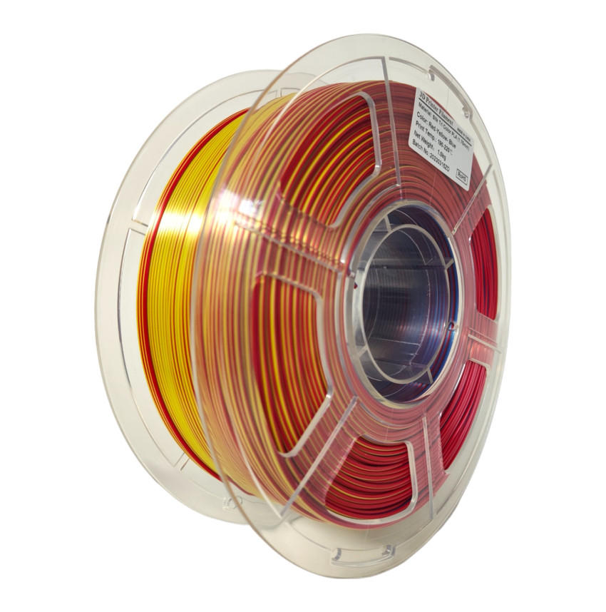 Explore the vibrant glow of Mingda's Blue/Yellow/Red Silk Tricolor PLA 3D Filament.