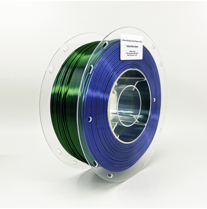 Un aperçu du Filament 3D PLA Silk Bicolore Bleu/Vert de Lefilament3D, l'ingrédient secret pour des impressions 3D éblouissantes.