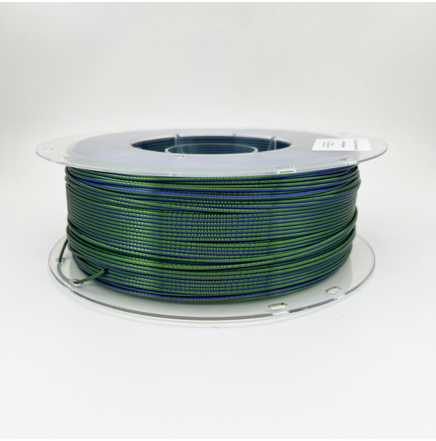 Un aperçu du Filament 3D PLA Silk Bicolore Bleu/Vert de Lefilament3D, l'ingrédient secret pour des impressions 3D éblouissantes.